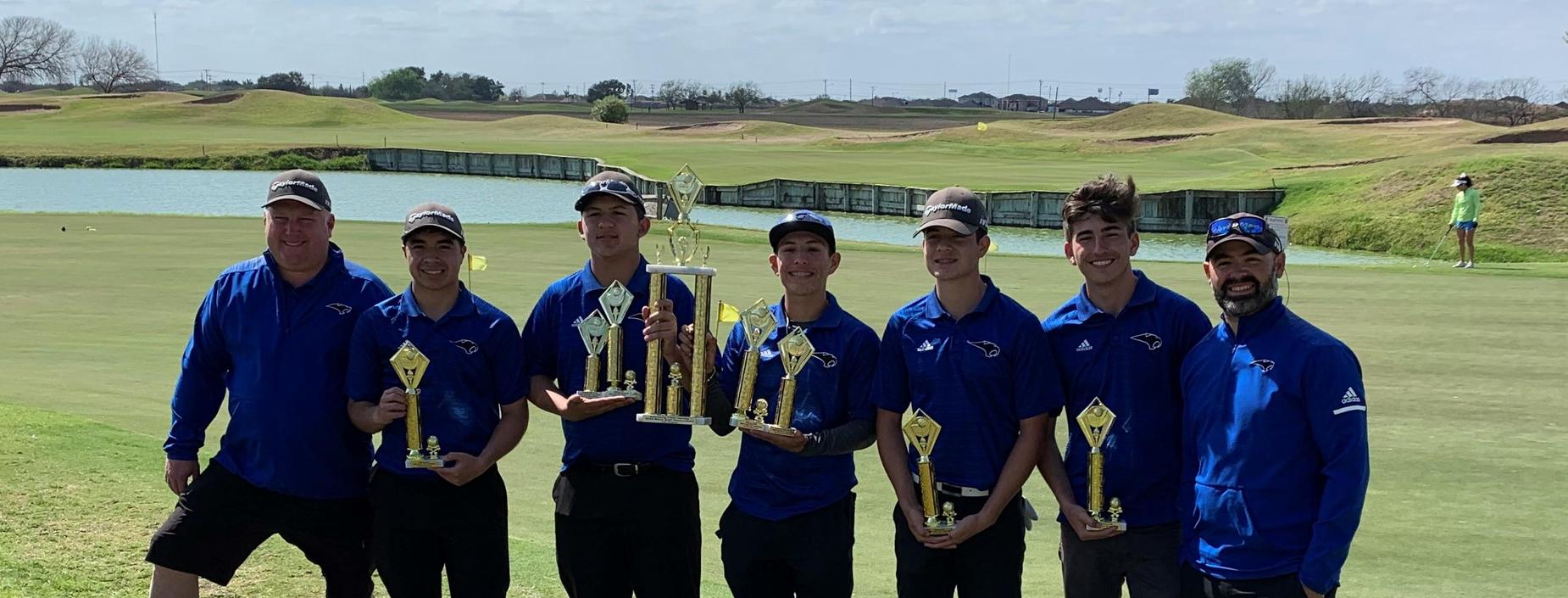 ECISD Golf Tournament, RVHS 1st Place Overall. Pictured left to right: Coach Cory Mayes, Darian Gonzalez, Ruben Vasquez, Ethan Ayala, Julian Guevara, James Salinas, Coach Eloy Falcon