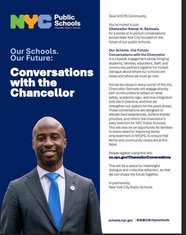 Announcement for community conversations with Chancellor Samuels.