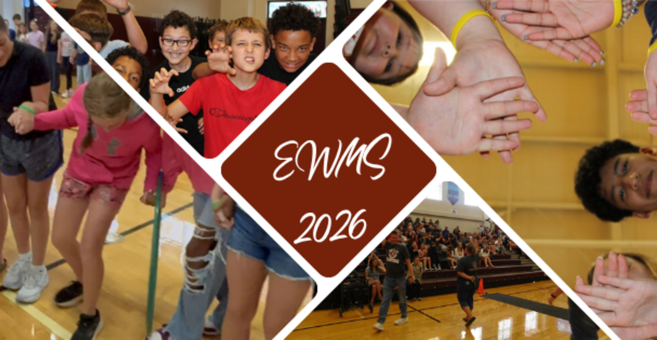 Students participating in various activities at an event, with a central emblem for EWMS 2026.