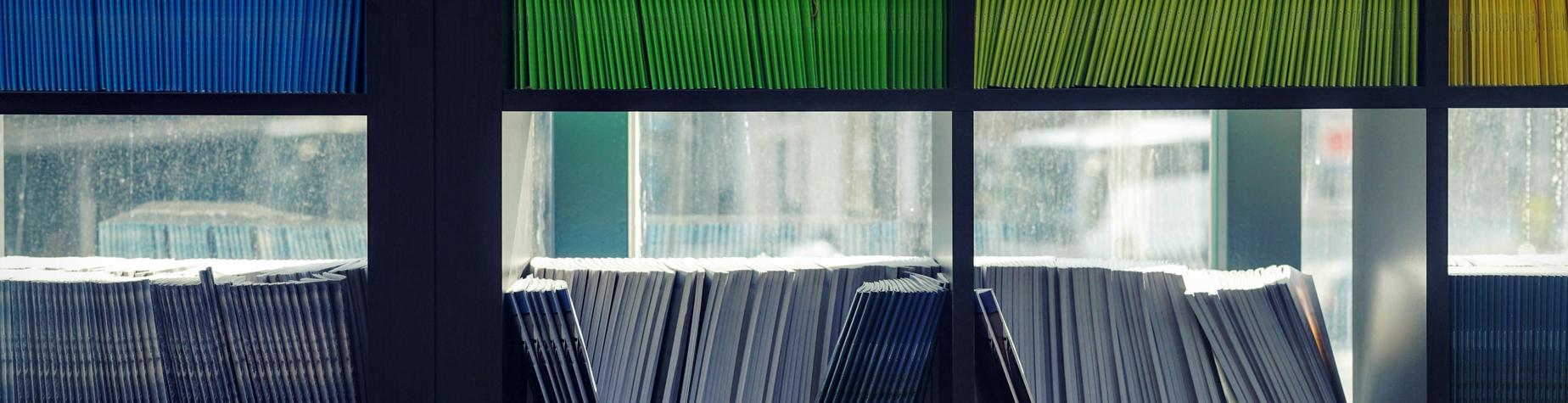 Colorful rows of organized files in a window display.