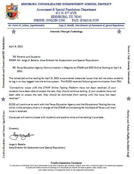 STAAR Online Parent Letter