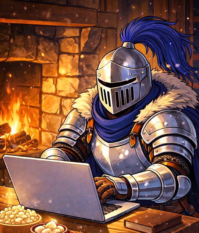 knight in front of fire working on chromebook