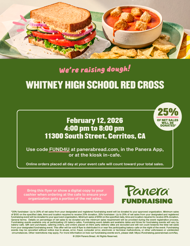 WHS Red Cross club fundraiser at Panera on Feb. 12 from 4 - 8pm