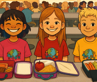 Three cartoon students smiling while sitting at a lunch table with lunch boxes open in front of them