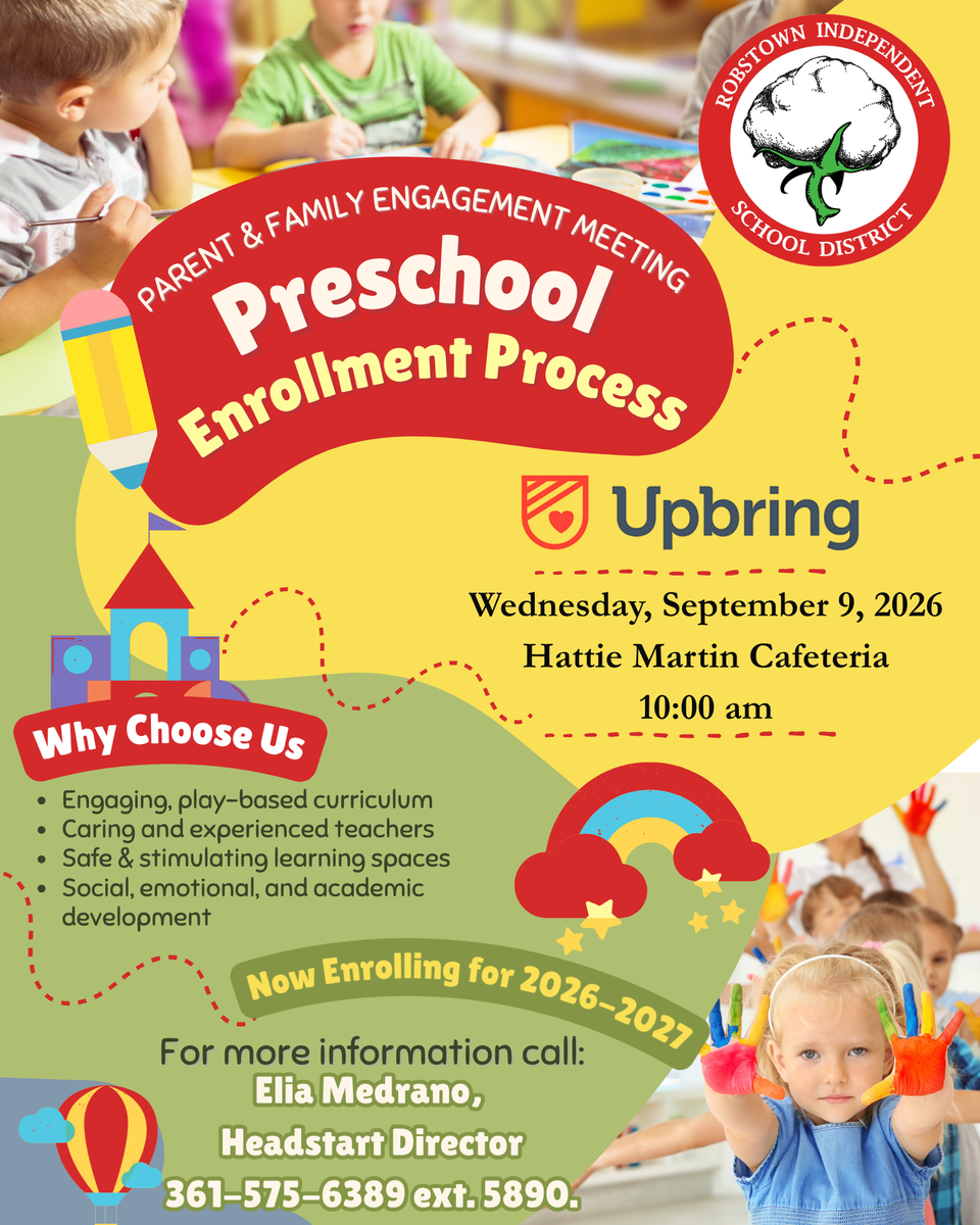 Colorful flyer for a preschool enrollment meeting with various graphics.