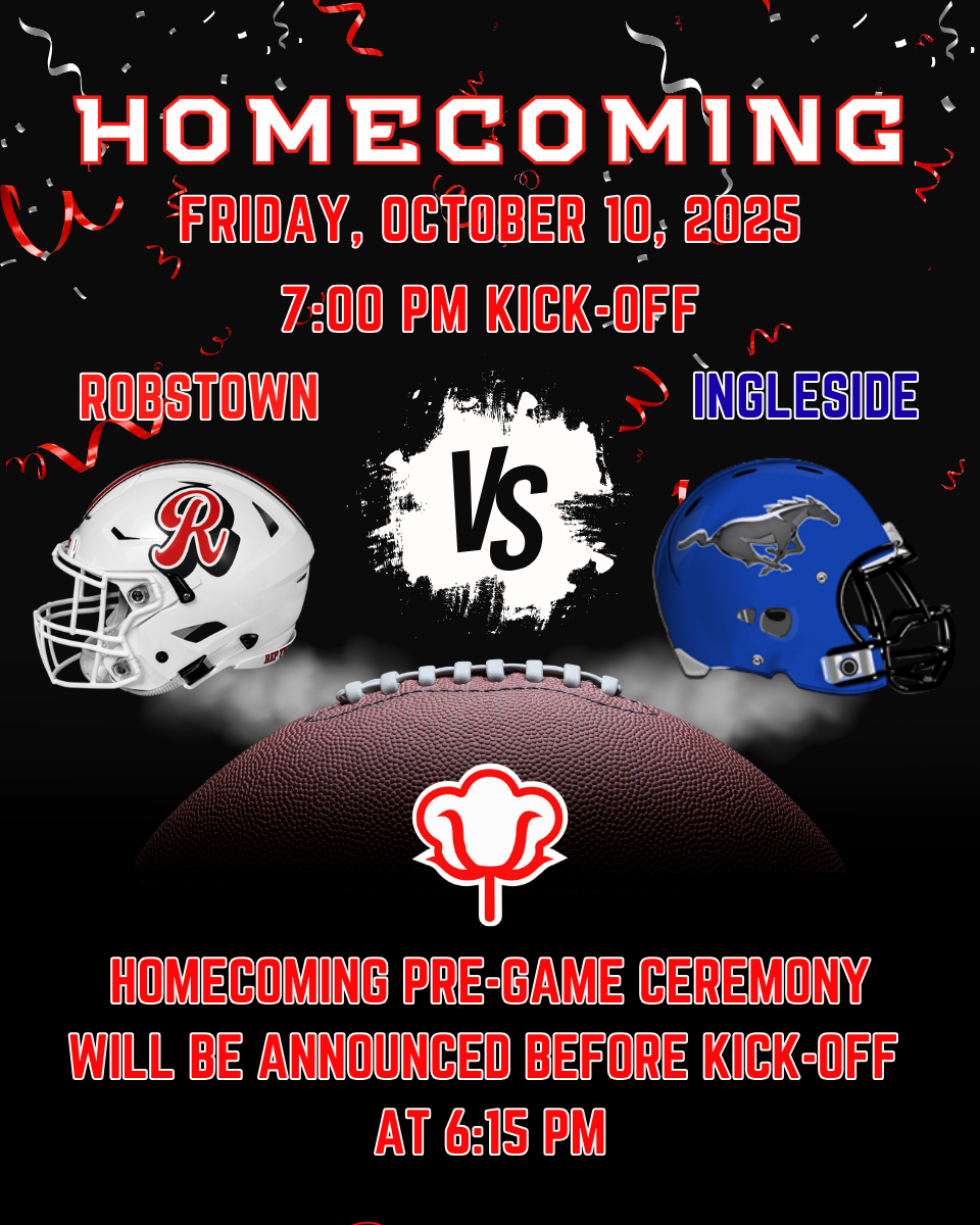 Football homecoming event poster featuring Robstown vs. Ingleside with details.