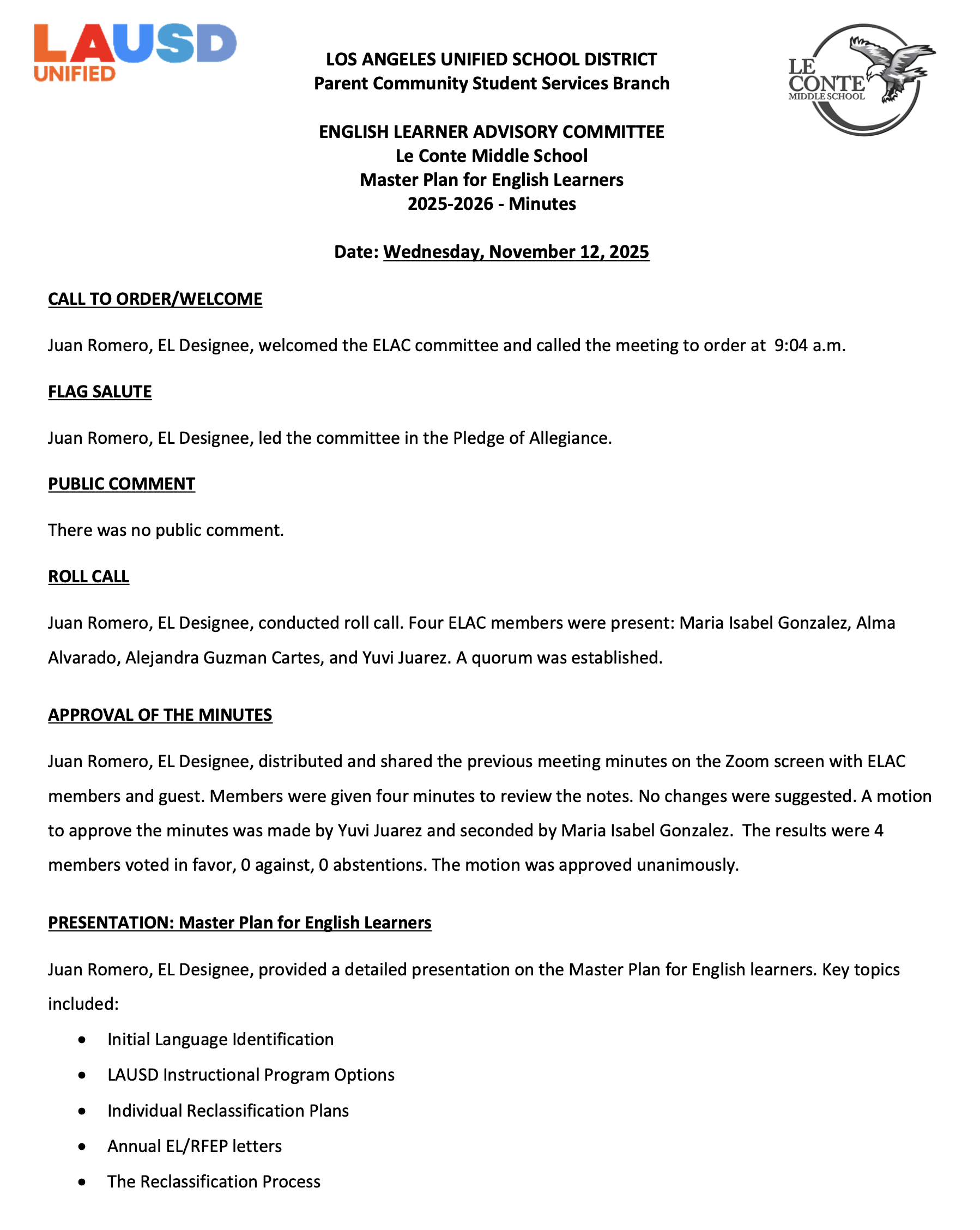 English Language Advisory Committee (ELAC) – Parents – Joseph Le Conte ...