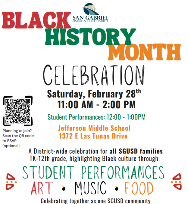 Black history month flyer in with red, green and orange lettering plus a QR code to RSVP