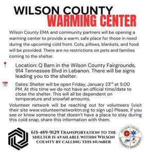 Wilson County EMA and community partners will be opening a warming center to provide a warm, safe place for those in need during the upcoming cold front.