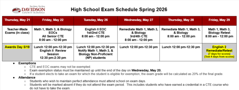 2026 Spring exam schedule