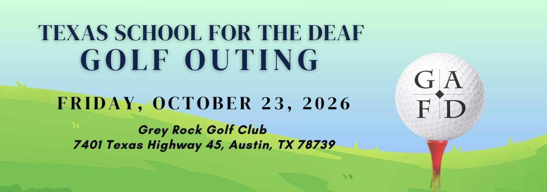 Golf outing invitation with details and a golf ball illustration.