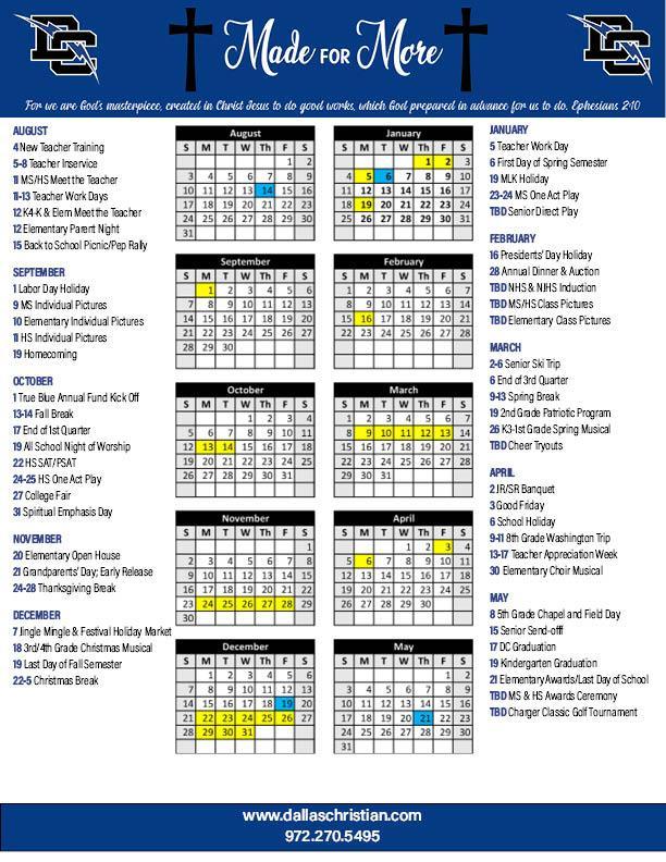 2025-2026 Dallas Christian School Calendar