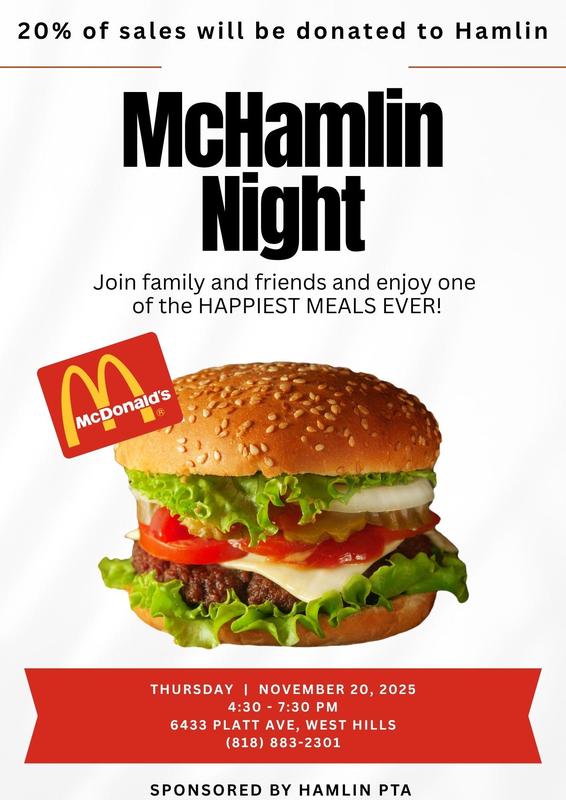 PTA Fundraiser:  McHamlin Night  |  November 20, 2025  |  4:30 - 7:30 PM Featured Photo