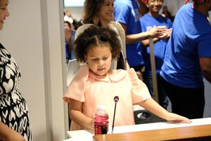 Student from Ranch Hills reading at the podium during the Board Meeting on 9/9/26.
