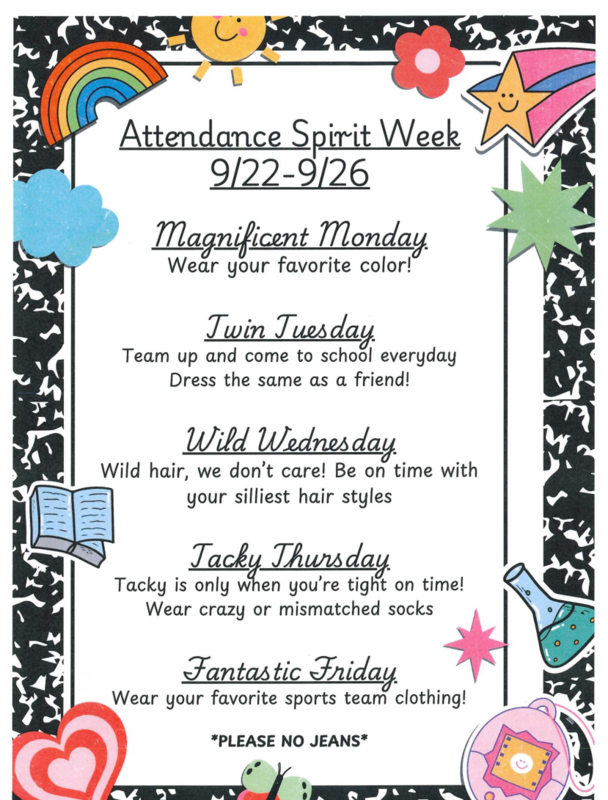 ATTENDANCE spirit week flyer with dates and celebrations