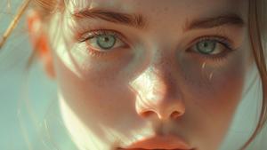Close-up portrait of a girl with freckles and green eyes illuminated by soft light.
