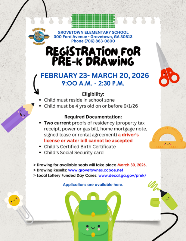 School supply images with text information about the 2026 pre-K registration drawing