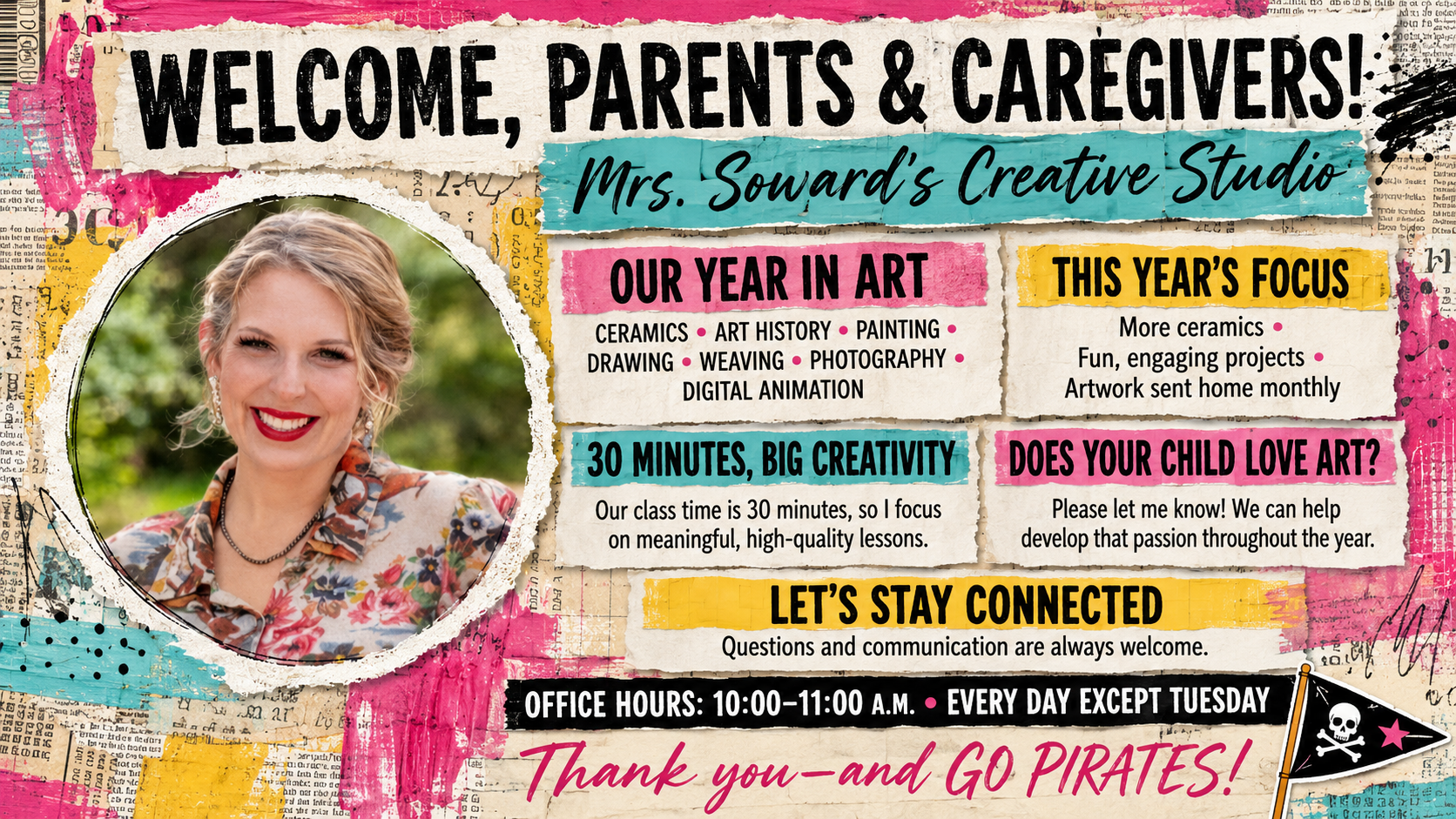 Info for Mrs. SOWARD Art Studio graphic bright colors and profile picture