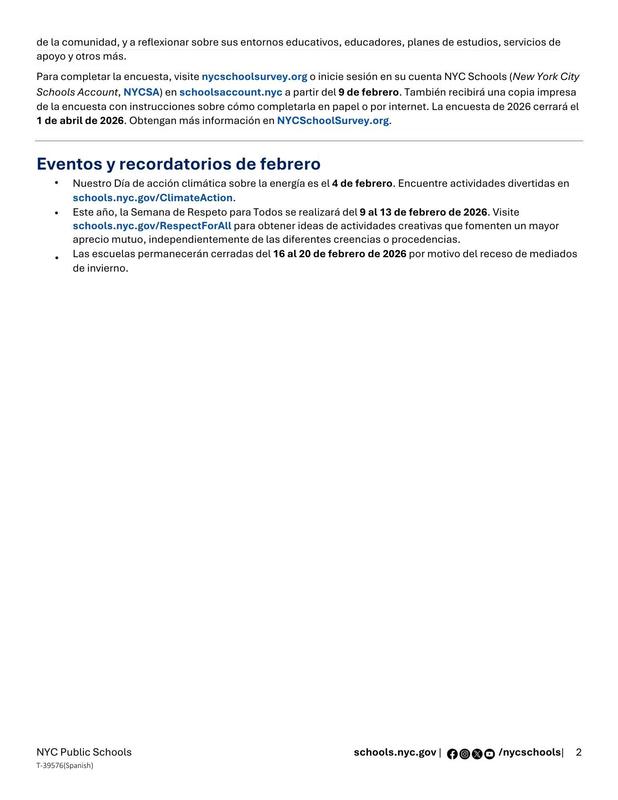 Message to Our Families. Latest updates in NYC Public Schools. Feb 2026. Spanish 2