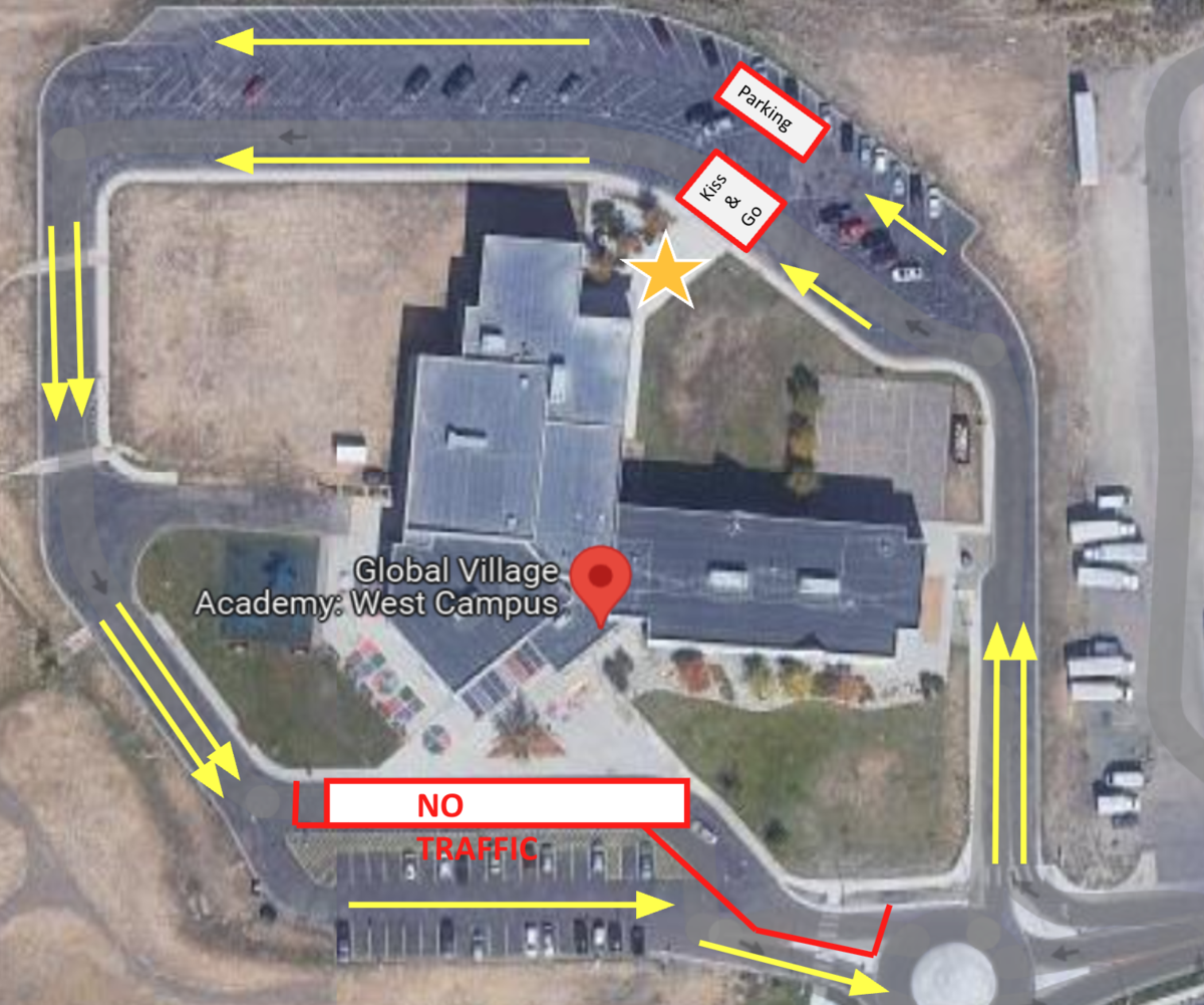 aerial view of global village academy west campus with yellow arrows showing elementary drop off traffic flow and no traffic zone marked in red