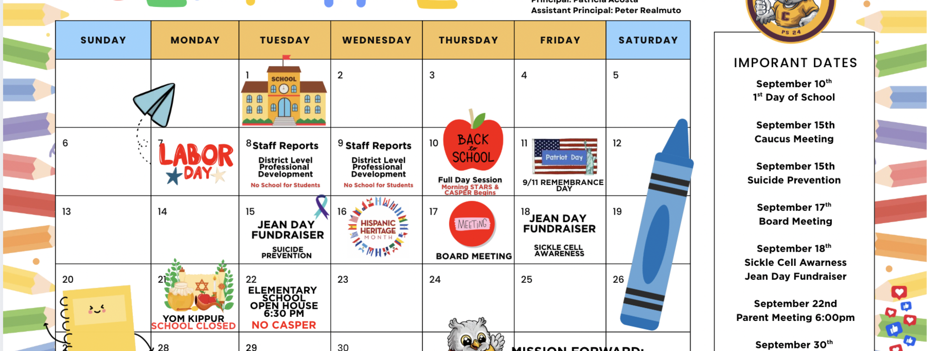 Colorful calendar with dates and events for September activities.