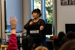 Erin Entrada Kelly speaks to students