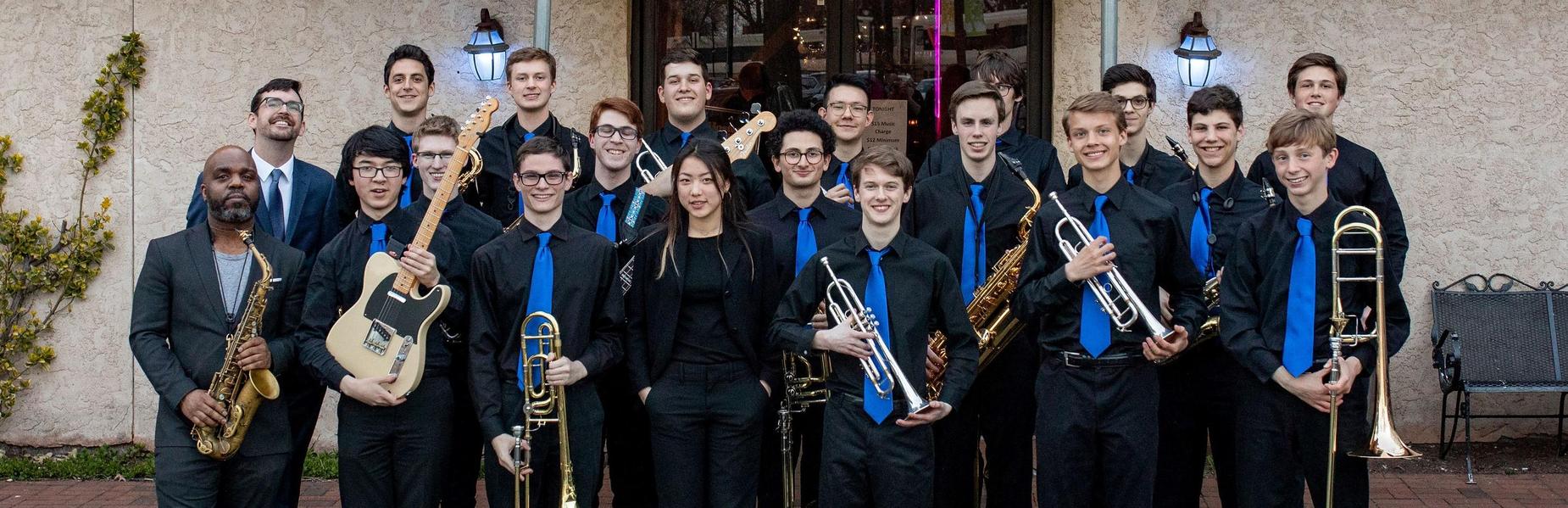Photo of members of WHS Jazz Band with saxophonist Jaleel Shaw in Montclair.