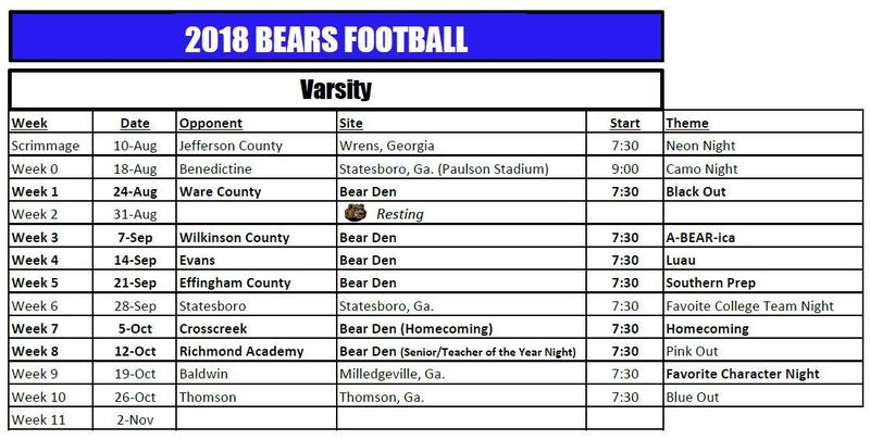 2018 Bears Football Schedule