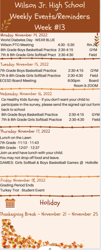 Wilson Jr. High School Weekly Events/Reminders Week #13