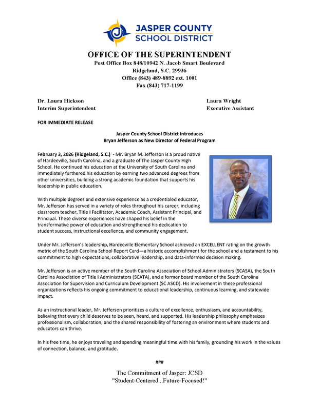 Jasper County School District Introduces Bryan Jefferson as New Director of Federal Program Featured Photo