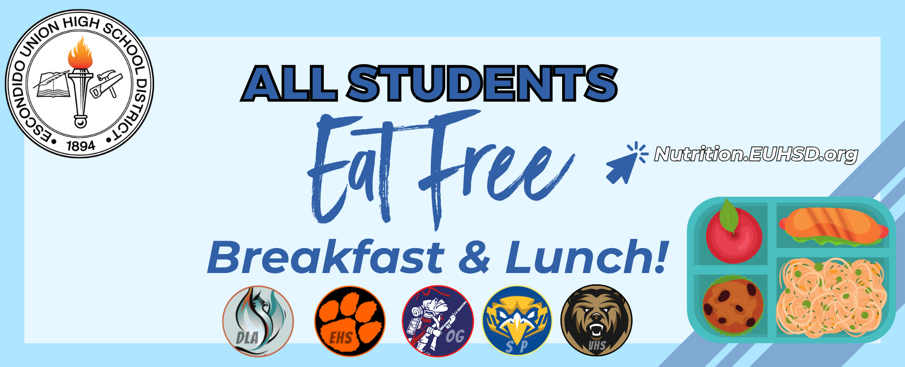 Promotional banner for free breakfast and lunch for all students.