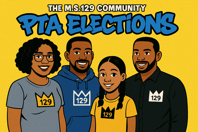 PTA Elections written above four people wearing shirts that have MS 129 crown