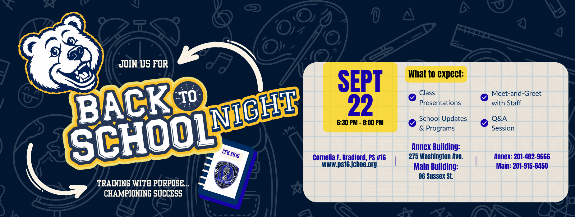 Back to School Night announcement with date, time, and details.