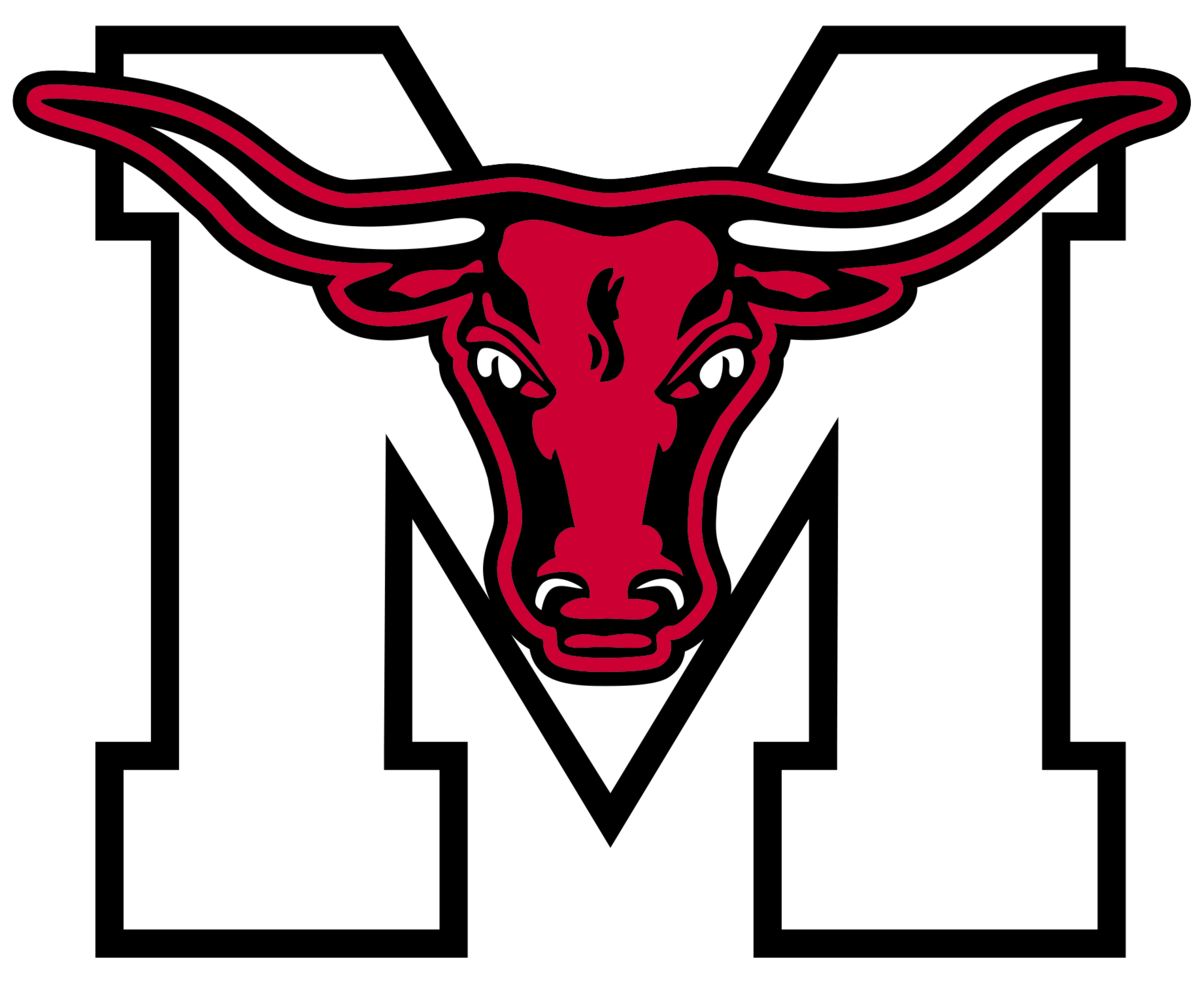 Marshall ISD. Red, Black, and White M with bulls head.