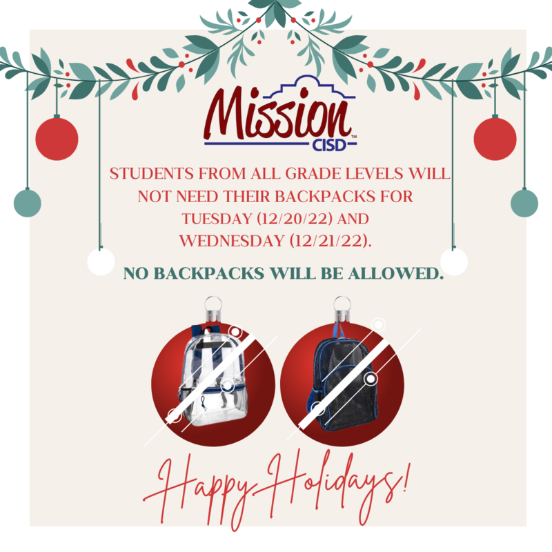 No backpacks allowed/No se permiten mochilas Marcell Elementary School