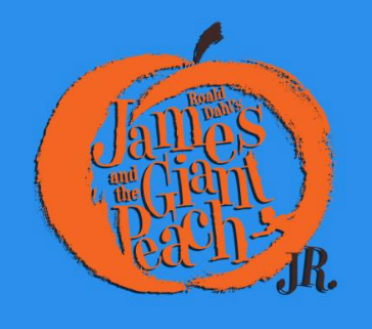 James and the giant peach logo on blue background