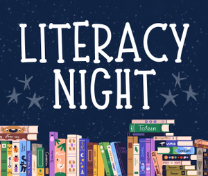 Literacy Night with row of books and starry background