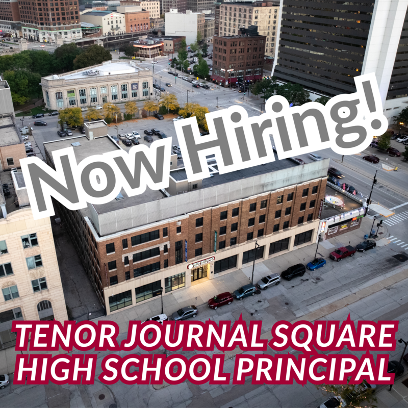 Tenor Journal Square High School exterior. "Now Hiring! Tenor Journal Square High School Principal"