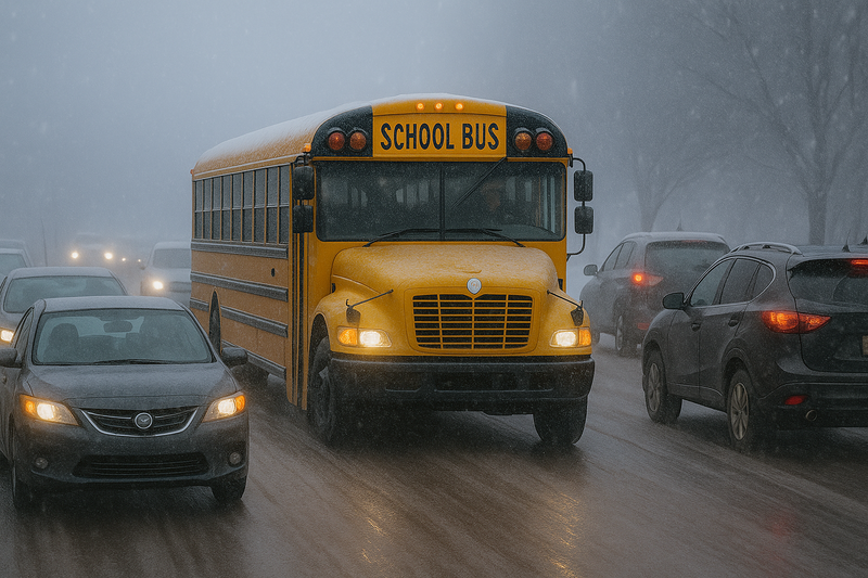 A school bus driving in traffic during a snow storm.