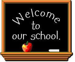 welcome to our school on a blackboard with an apple