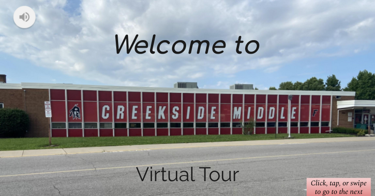 Image of Creekside Middle School building for viewers to click on to take a virtual tour of the school