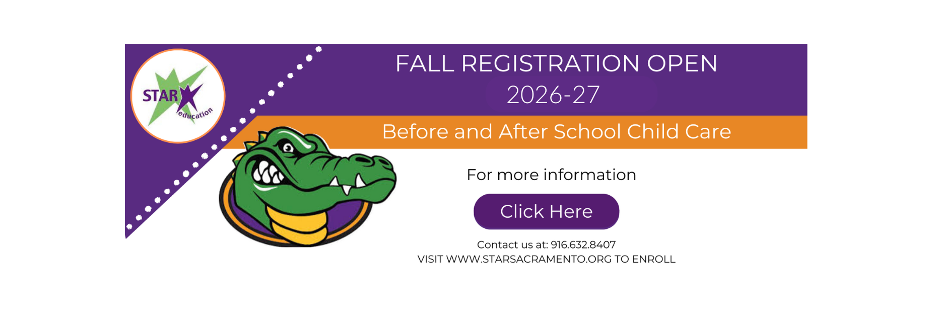 Star fall registration open. Mascot Gator.