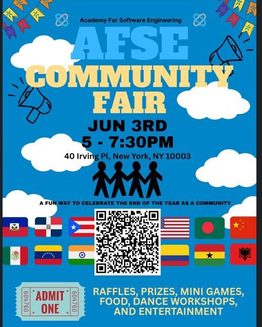 Event flyer for AFSE Community Fair with details and flags.