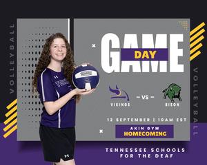 A girl holding a volleyball, promoting a game day event for a school volleyball match.