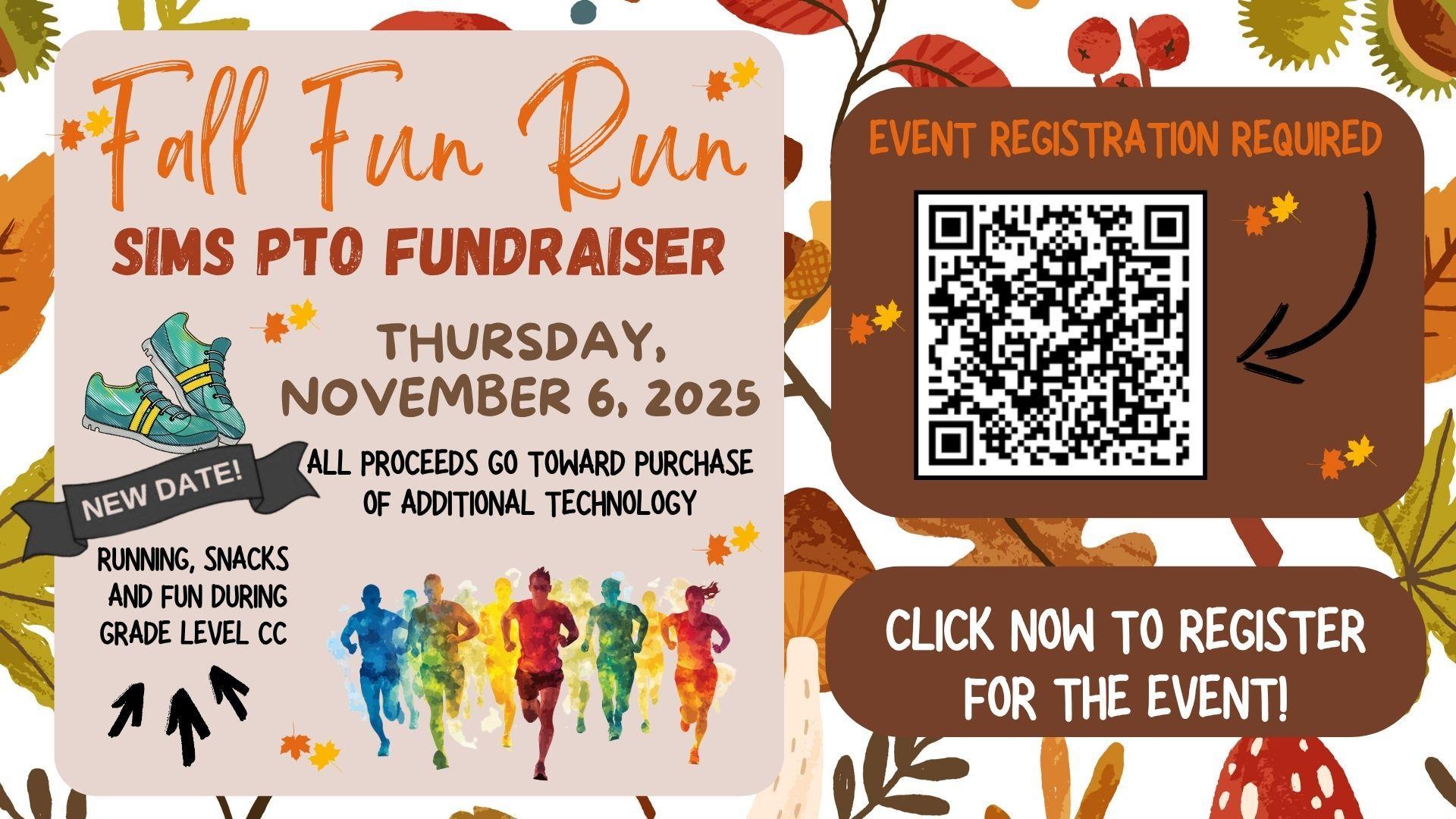 Fall Fun Run fundraiser announcement with details, QR code, and colorful autumn leaves.