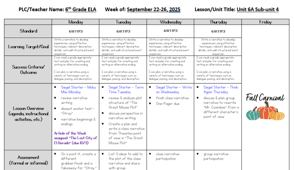 ELA Lesson Plans Sept 22 - 26