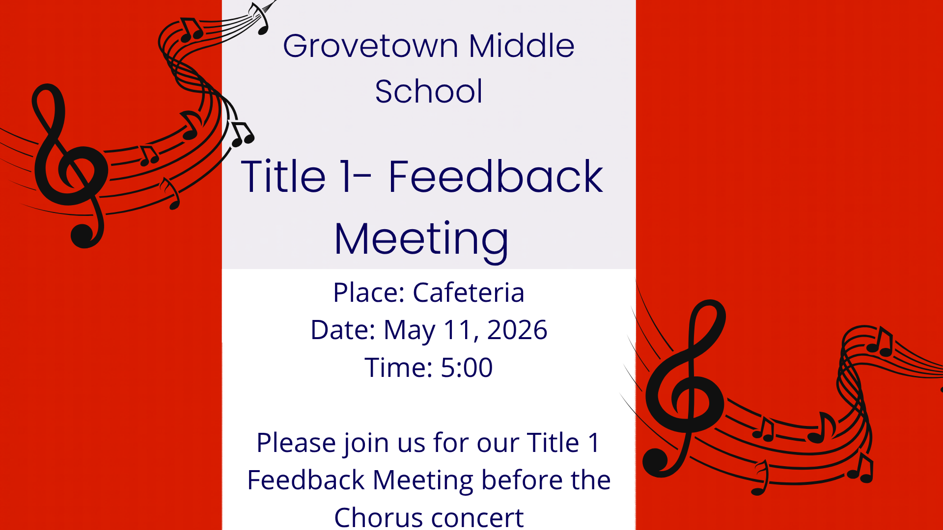 Event flyer for Title 1 Feedback Meeting at Grovetown Middle School.