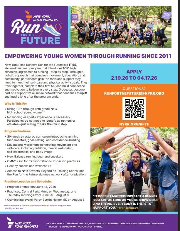 Promotional flyer for a running program empowering young women in NYC.