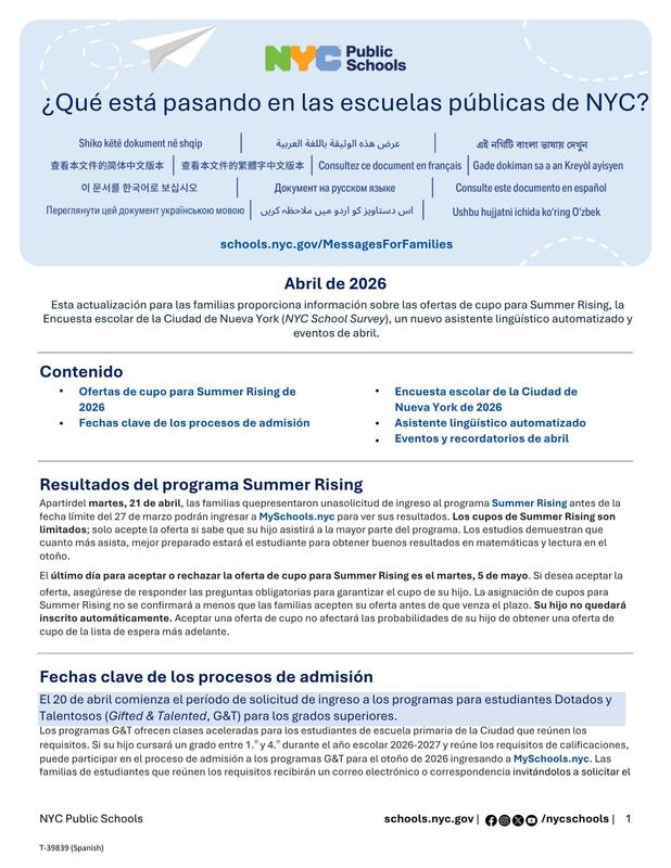 April Family Message 2026. Spanish