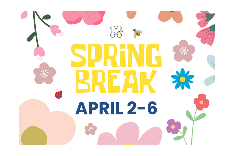 The words Spring Break on a white background with pink flowers